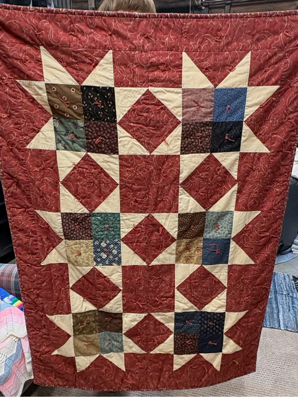 Red and Cream Star Patchwork Quilt